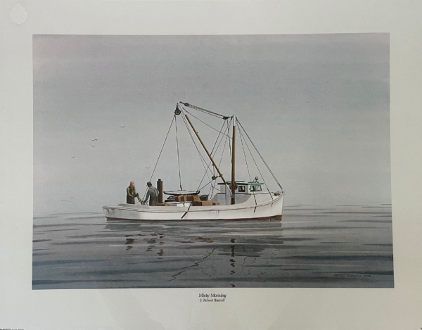 two fishermen with net on the water in boat