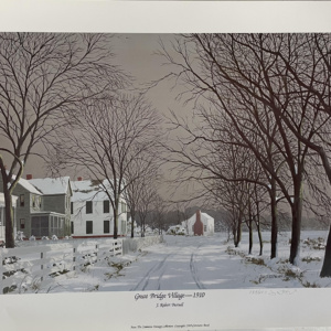 artwork of a snowy turn of the century village