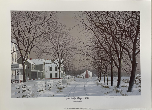 artwork of a snowy turn of the century village