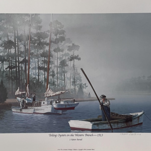 Print of artwork showing oystermen in 1913 collecting oysters in a marshy, misty river