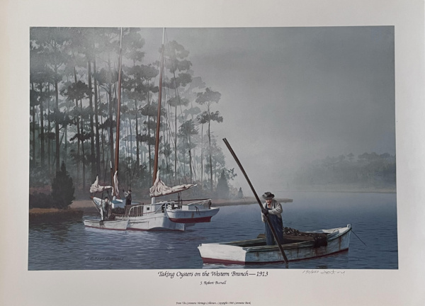 Print of artwork showing oystermen in 1913 collecting oysters in a marshy, misty river